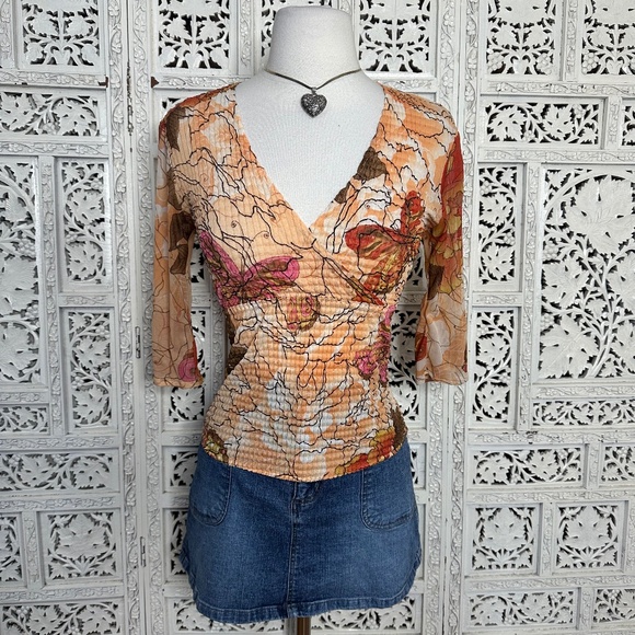 Y2K Cache Orange Sheer Faux Wrap V Neck Crinkle Butterfly Blouse Sz Small - Picture 1 of 8